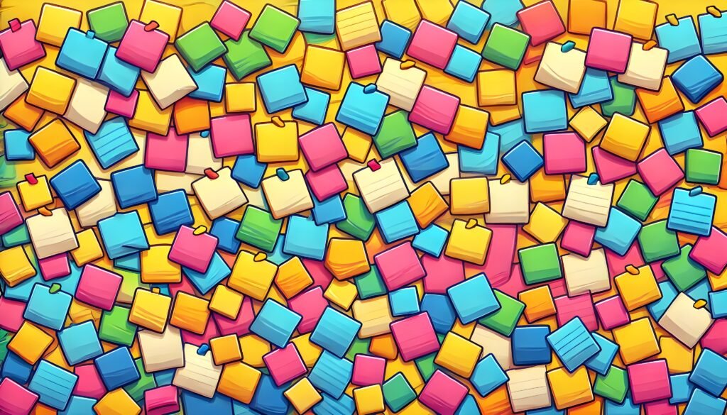 DALL·E 2025-01-06 20.52.57 - A cartoon-style illustration of a wall completely covered with colorful sticky notes, each in vibrant solid colors like yellow, pink, blue, green, and (1) Adulting ph Banner